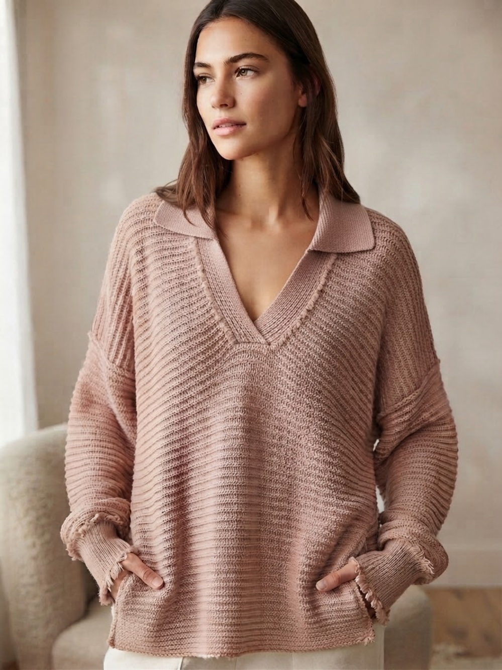 Free People Blush Pink V-Neck Collared Knit Oversized Boxy Sweater